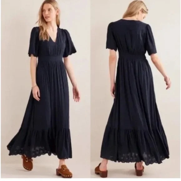 Boden Navy Lace Short Sleeve Maxi Dress Broderie Women’s Size 12 V Neck Long - Picture 1 of 16